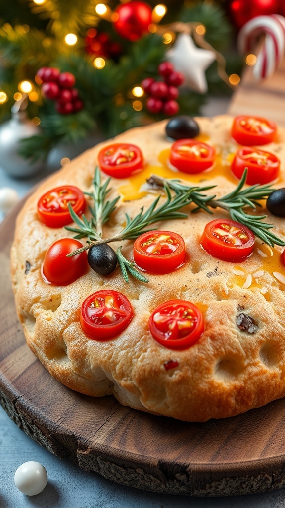 Festive Focaccia Bread Recipe Festive focaccia bread topped with rosemary, cherry tomatoes, and olives on a wooden board.